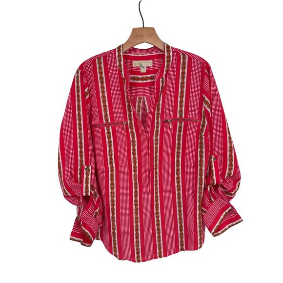 Michael Kors Womens orange Striped chain Patterned Blouse Long roll tab Sleeve S - Picture 3 of 13
